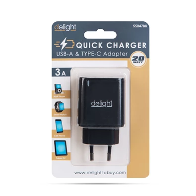 Delight 55047BK Type-C/USB 3.0 PD20W fekete gyorstöltő adapter