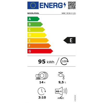 Whirlpool WBC 3C26 X beépíthető 14 terítékes mosogatógép