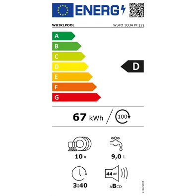 Whirlpool WSFO 3O34 PF keskeny 10 terítékes mosogatógép